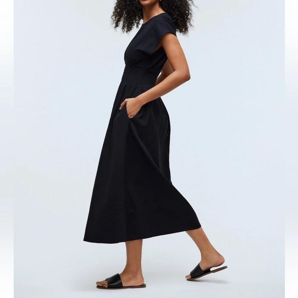 Madewell Smocked Waist Midi Dress Stripe Seersucker Linen Blend Black XS NWT - Picture 3 of 13